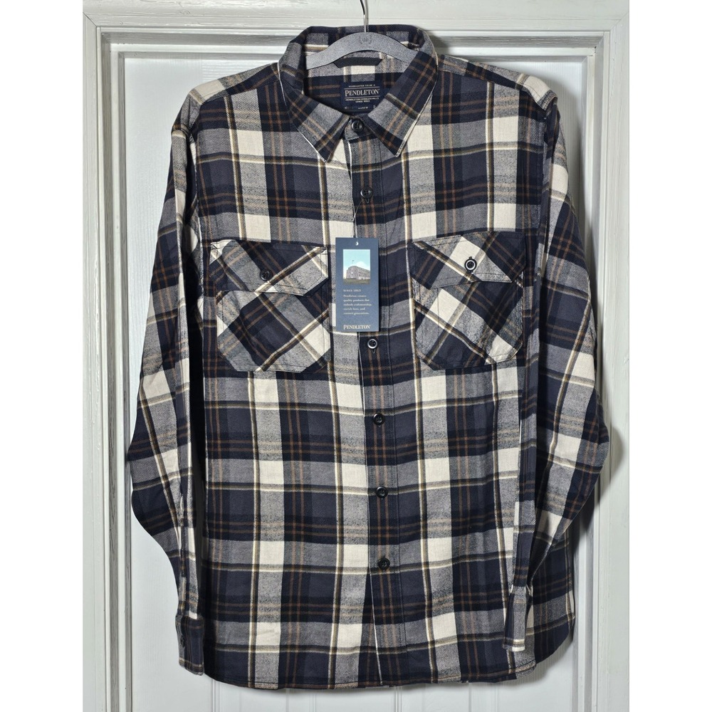 Pendleton Burnside Flannel Shirt Size Large Button Up Long Sleeve Plaid Tan Gray